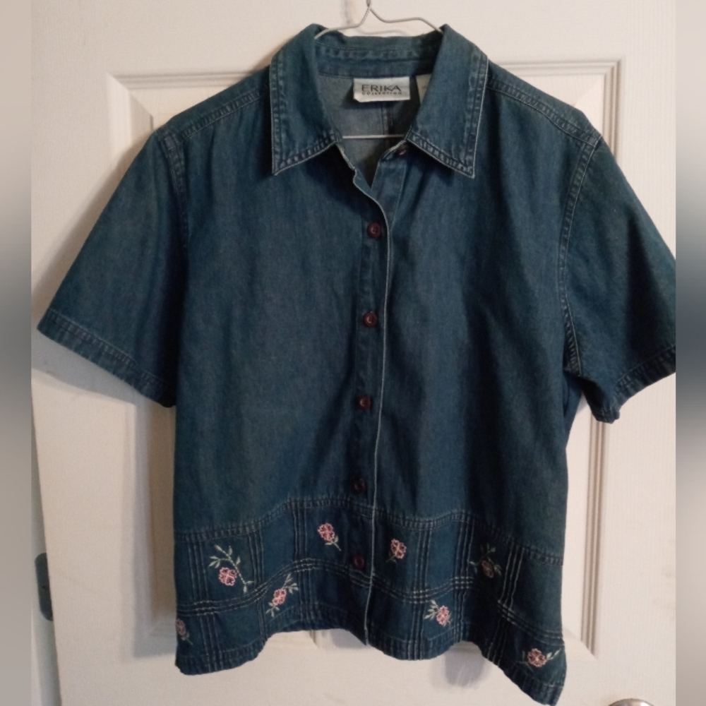 Vintage Denim Short Sleeve Button Down Shirt Cotton Size Small